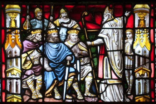 Stained glass window in Carlow Cathedral, showing St Patrick preaching to Irish kings